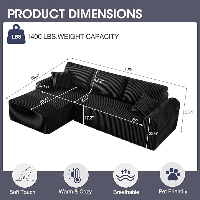 109“L-Shaped Sectional Sofa Boneless Couch Upholstery Cloud Modular Couch with Chaise No Assembly Required Corduroy Fabric Combination Deep Seat Living Room Bedroom (Black, Left Hand Facing)
