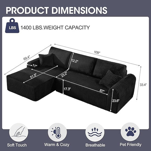 109“L-Shaped Sectional Sofa Boneless Couch Upholstery Cloud Modular Couch with Chaise No Assembly Required Corduroy Fabric Combination Deep Seat Living Room Bedroom (Black, Left Hand Facing)