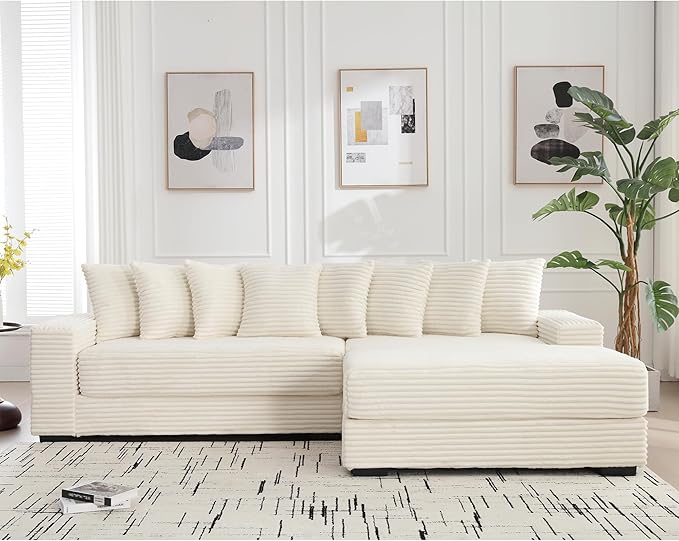 111 Inch Corduroy Sectional Couches for Living Room | L-Shaped Sectional Couch with 8 Pillows | Cloud Couch with Deep Seat | Solid Wood Frame Sofa Beige (Right Facing Chaise)