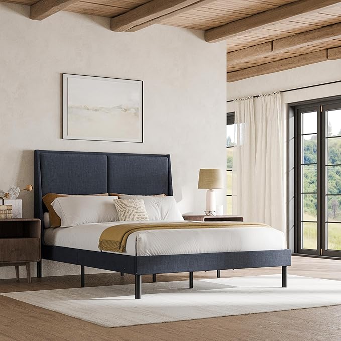 Cozy Castle Queen Size Upholstered Platform Bed Frame with 51.2" Tall Wingback Headboard, Double Backrest Metal Bed Frame, No Box Spring Needed, Easy Assembly, Bedroom Furniture, Navy Blue