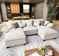 U Shaped Modular Cloud Couch, 123.6'' Comfy Corduroy Sectional Sofa with Wider Armrest and Ottoman, Upholstered 5-Seat Modern Deep Seat for Bedroom Living Room, Beige