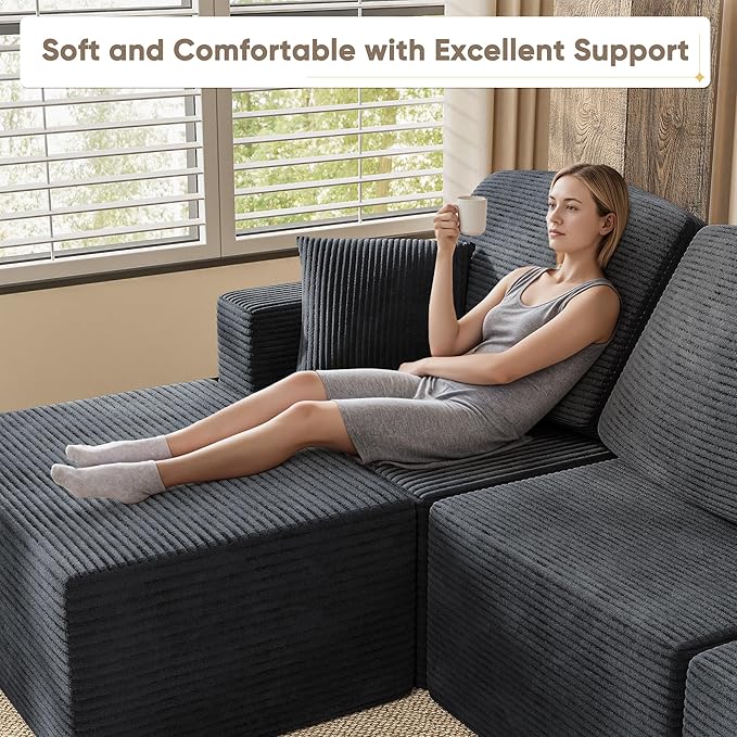 YESHOMY 98.4" Boneless Couches for Living Room, Comfy Modular Sectional Couch, Cloud Couch with Deep Seat, L-Shaped Sofa with Ottoman, Black