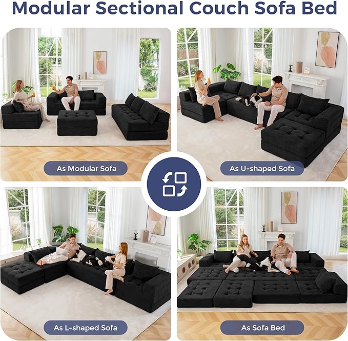 MAXYOYO Modular Sectional Sofa Couch, Foldable U Shaped Cloud Couch with Pillows, Tufted 7-Seat Boneless Sleeper Lounger Floor Sofa Bed for Living Room, No Assembly Required, Black