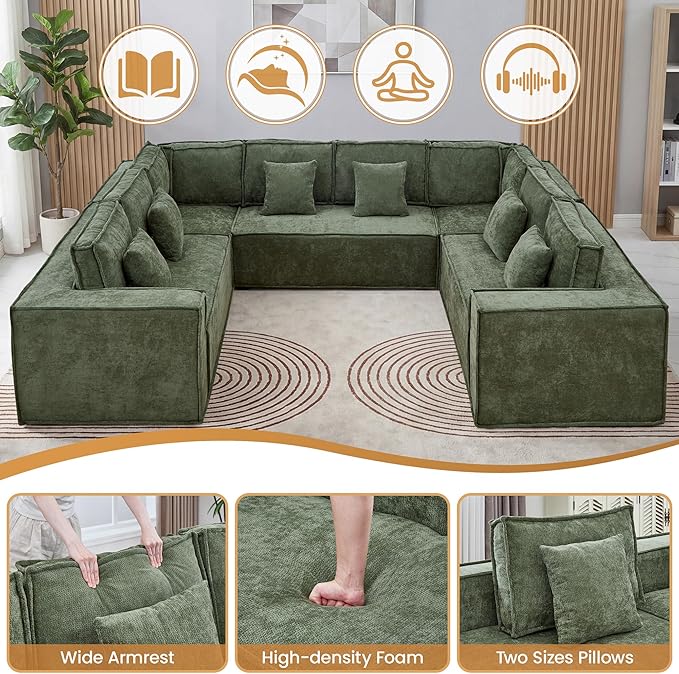 138'' Boneless Chenille U Shaped Couch, Oversized Modular Sectional 8 Seater Sofa, Modern Deep Seat Corner Cloud Compressed Couch, No Assembly Sleeper Sofa with Chaise for Living Room, Green