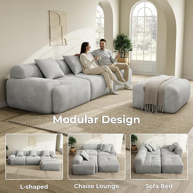 LIKIMIO LumiCord Modular Sectional Sofa with Ottoman, 118" L-Shaped Boneless Couch for Living Room, Oversized Deep Seat with Corduroy Upholstery, No Assembly Required, Grey