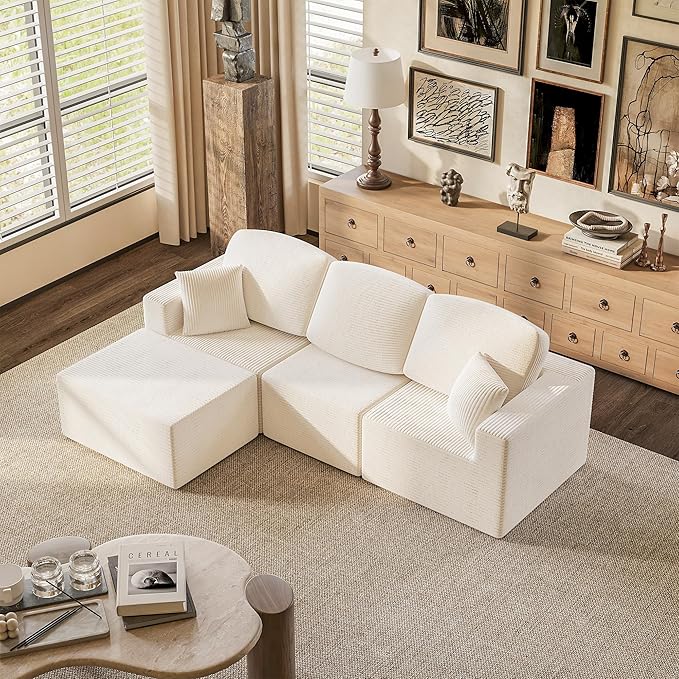 YESHOMY 98.4" Boneless Couches for Living Room, Comfy Modular Sectional Couch, Cloud Couch with Deep Seat, L-Shaped Sofa with Ottoman, Beige