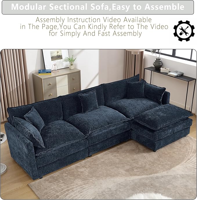 Setawix Deep 3 Seater Couch with Ottoman,112.2" L-Shaped Cloud Couches for Living Room,Chenille Cloud Sofa Couch with Deep Seat,Modular Sectional L Shape 3 Seat Sofa for Bedroom. (Blue, 3+1)