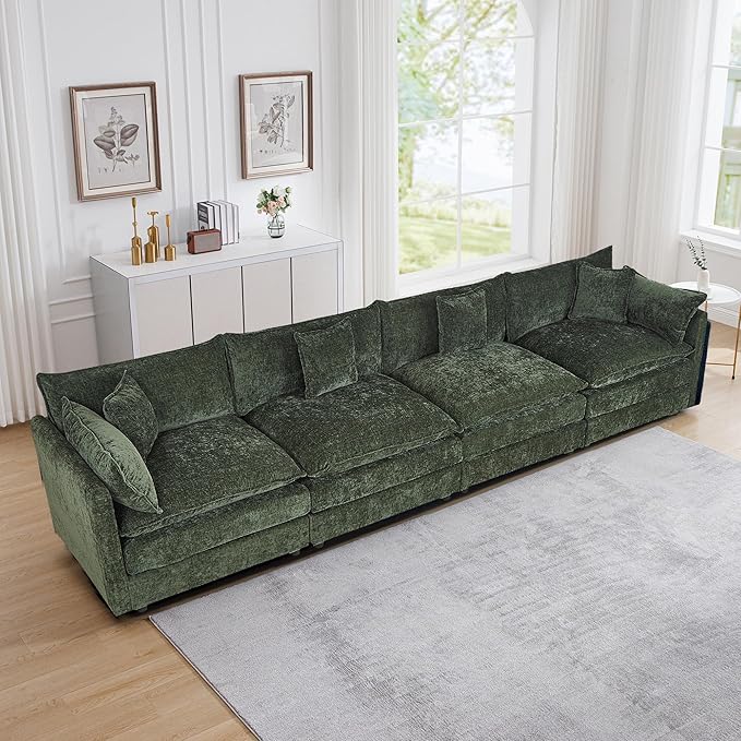 Setawix Chenille Cloud Couches for Living Room,4 Seater Cloud Sofa Couch with Deep Seat,147.22" Roomy Cloud Sofas,Modular Sectional 4 Seat Sofa with Pillows for Bedroom (Green, 4 Seater)
