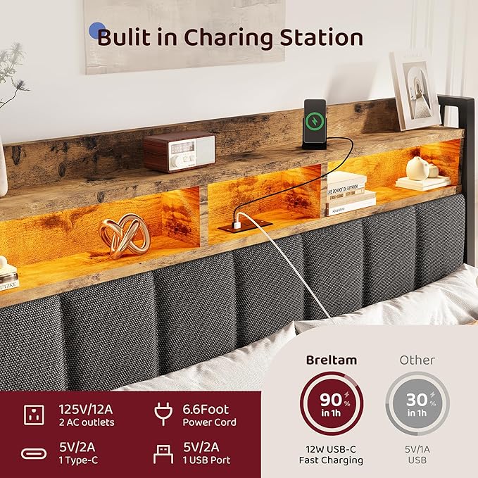 BRELTAM King Size Bed Frame with 2 Storage Drawers, Wood Platform Bed Frame with 2-Tier Storage Headboard Built in Charging Station & LED Light,Noise-Free/Metal Support/No Box Spring Needed,Brown