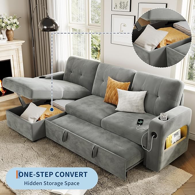 GarveeHome 84 Inch Sleeper Sofa Couch, L-Shaped Sofa, Convertible Pull Out Sofa Bed with Storage, Charging Station, Led Lights, Modern Sectional Sofa for Living Room, Apartment, Velvet, Light Grey
