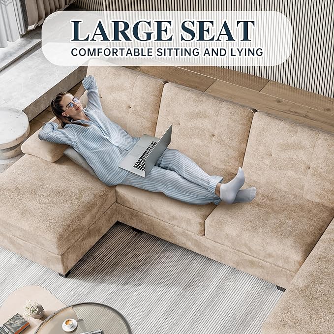 Meilocar Sectional Couches for Living Room, 4 Seat Sofa Set U Shaped Couch with Double Chaise Lounges, Large Couch for Apartment (Light Beige)