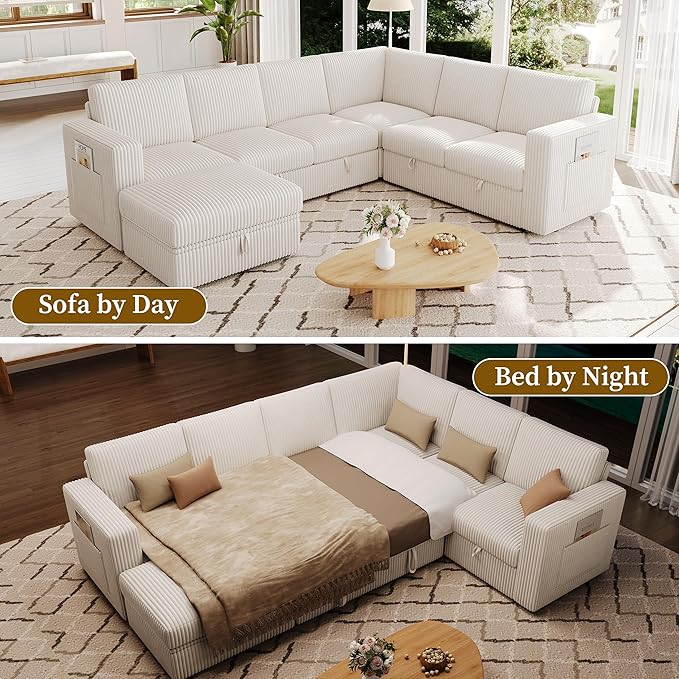 106.7" Sectional Sleeper Sofa with Pull Out Couch, Modern 7 Seat U Shaped Modular Couch, Sectionals Modular Sofa with Storage, Comfy Corduroy Couches Sectional for Living Room & Apartment, Beige