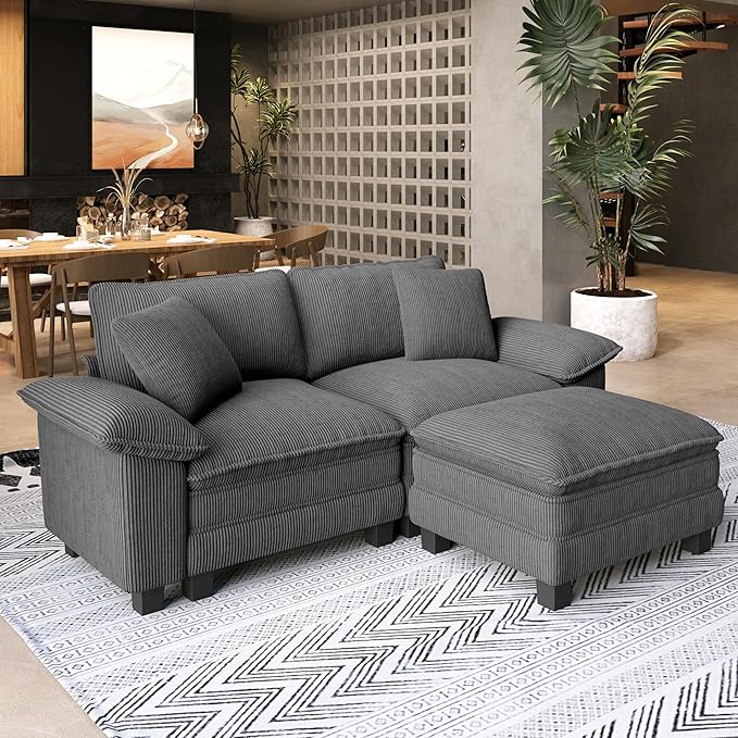 Sectional Loveseat with Ottoman, 87.5'' Oversized Corduroy Love Seat Modular Sofa Couch with Pillow, 3-Seat Modern L Shaped Cloud Deep Seat for Bedroom Small Space, Grey