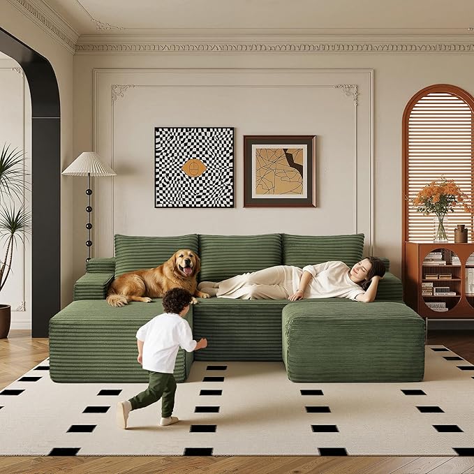 96" Sectional Couches for Living Room Cloud Couch Sofa with L-Shape Upholstered Boneless Couchs Modern Modular Sectional Couch with Chaise (Green, 96" W+Left Facing Chaise+2Seaters+Ottoman)