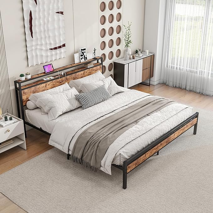 BOFENG Metal Platform King Size Bed Frame with Storage Headboard and USB Charging Station,King Bed Frame No Box Spring Needed,Sturdy and Noise-Free,Easy Assembly,Brown