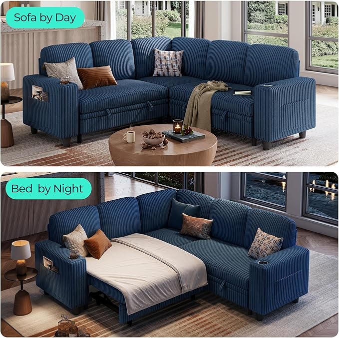 LINSY HOME Sleeper Sofa Bed with Pull Out Couch Modular Sectional Sofa (Blue, Sleeper Sofa 2) | Pull Out Sofa Bed, USB Charging, Cup Holders, Plush Corduroy, Storage