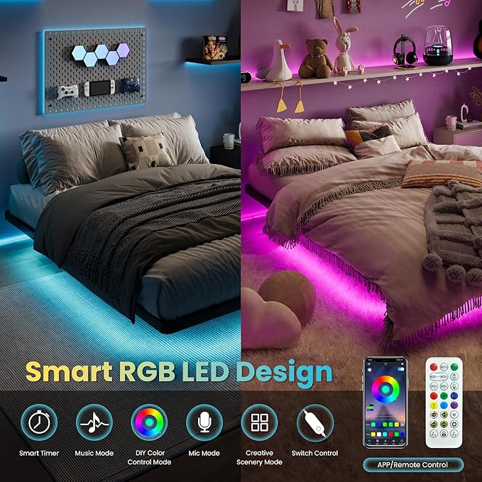 SHA CERLIN Floating Bed Frame Queen Size with Smart LED Lights and Charging Station, Heavy Duty Metal Platform Bed with Modern Design,No Box Spring Needed, Easy Assembly, Matte Black