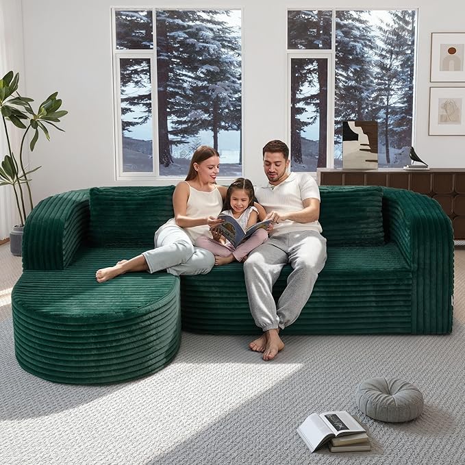 Hobestluk 96" Cloud Sectional Couch Modern Boneless Couch 3 Seater with Oversized Chaise L Shaped Modular Sofa Couches for Living Room Apartment No Assembly Required (Stripe Green,Left Facing Chaise)