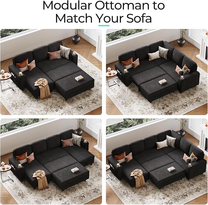 LINSY HOME Sectional Sleeper Sofa - Modular Ottoman Module (Black, Sleeper Sofa Ottoman) | Storage, Convertible, Coffee Table, Plush Corduroy