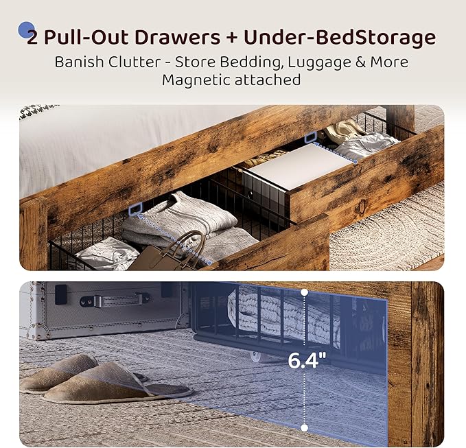 BRELTAM King Size Bed Frame with 2 Storage Drawers, Wood Platform Bed Frame with 2-Tier Storage Headboard Built in Charging Station & LED Light,Noise-Free/Metal Support/No Box Spring Needed,Brown