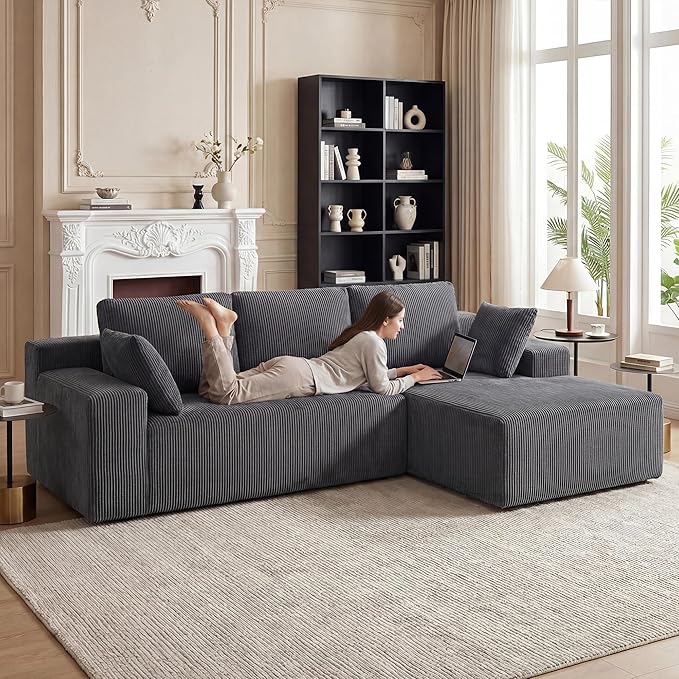 Cloud Sectional Boneless Couches for Living Room, Modular L Shaped Couch with Deep Seat Oversized Right Facing Chaise, Memory Foam Compressed Spineless 3 Seater Sofa for Apartment, Grey | No Assembly Required, Deep Seat, Cat-Claw Resistant, High-Resili...