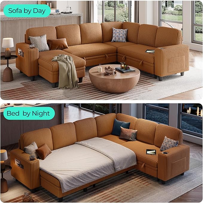 LINSY HOME Sectional Sleeper Sofa with Pull Out Couch Bed - Convertible Plush Corduroy Cloud Couch with Storage Chaise & USB Charging, Comfy Modular Couches for Living Room, Brown