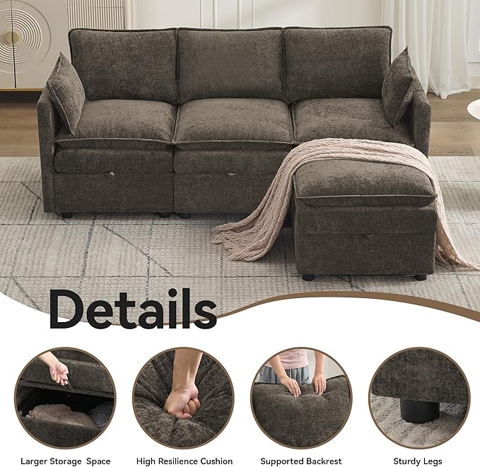 80" Cloud Modular 3 Seater Sofa with Storage Ottoman, Modern Upholstered Storage Sofa Couch Deep Seat, L Shape Sectional Sofa Chenille Comfy Couch with Armrests for Living Room, Small Space, Brown | 3 Seater Sofa, Storage Ottoman, Storage Sofa, Deep Se...