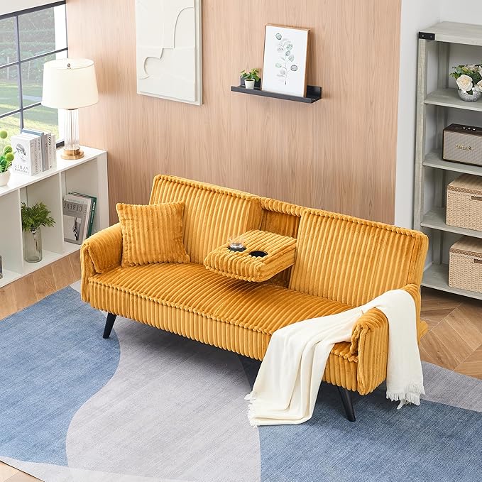 72" Convertible Sofa Bed with Foldable Cup Holder,Straight-line Corduroy Sofa,Suitable for Living Room,Bedroom,Orange