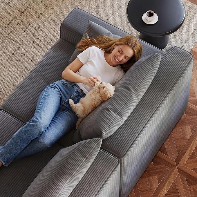97" L-Shaped Boneless Modular Cloud Couch, Comfy Corduroy Sectional Sofa with Deep Seat and Right Facing Chaise, Flexible Module Combination for Living Room, No Assembly Required (Grey)