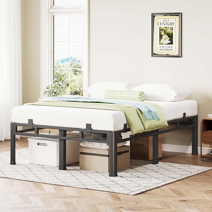 ROIL 14 Inch Full Size Bed Frame, Double Layer Metal Bed Frame with Round Corner Legs, 4000LBS Bed Frame & Box Spring 2 in 1 Platform with Headboard Holes Mattress Baffles, Noise-Free Easy Assembly