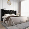 Allewie Velvet King Size Upholstered Bed Frame with Wingback Storage Headboard & Charging Station, Platform Bed with Diamond Tufted Design & Gold Trim, No Box Spring Needed, Easy Assembly, Black