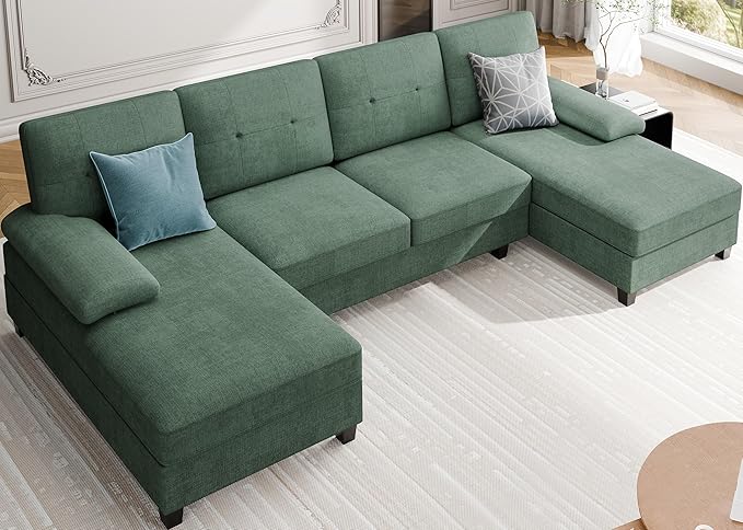 Meilocar Sectional Couches for Living Room, 106 in U Shaped Couch Soft Sectional Sofa with Double Chaise, Comfortable Fabric 4 Seat Sofa Couch for Apartment (Green)