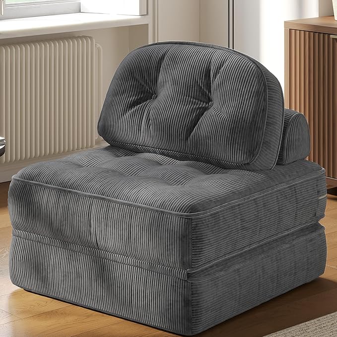 Dowinx Folding Sofa Bed with Pillow, Small Convertible Comfy Couch Bed for Adults Home Lounge and Gaming, Modern Comfortable Design for Apartment Living Room Bedroom, Ribbed Velvet, Gray