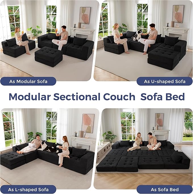 MAXYOYO Modular Sectional Sofa Couch, Foldable U Shaped Cloud Couch with Pillows, Tufted 6-Seat Boneless Sleeper Lounger Floor Sofa Bed for Living Room, No Assembly Required, Black