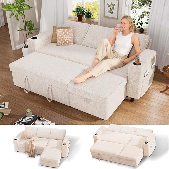 Vipbear Sleeper Sofa Bed, 82" Pull Out Couch with Reclining Backrest/Reversible Storage Chaise, 3 in 1 L-Shaped Couch with Armrest Storage | Cup Holder | Side Pocket | Tool-Free Assembly | Beige