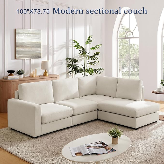 100“ L Shaped Couch with Reversible Chaise Sectional couches Sofa Corner Couches for Living Room,Apartment and Compact Spaces(Cream)