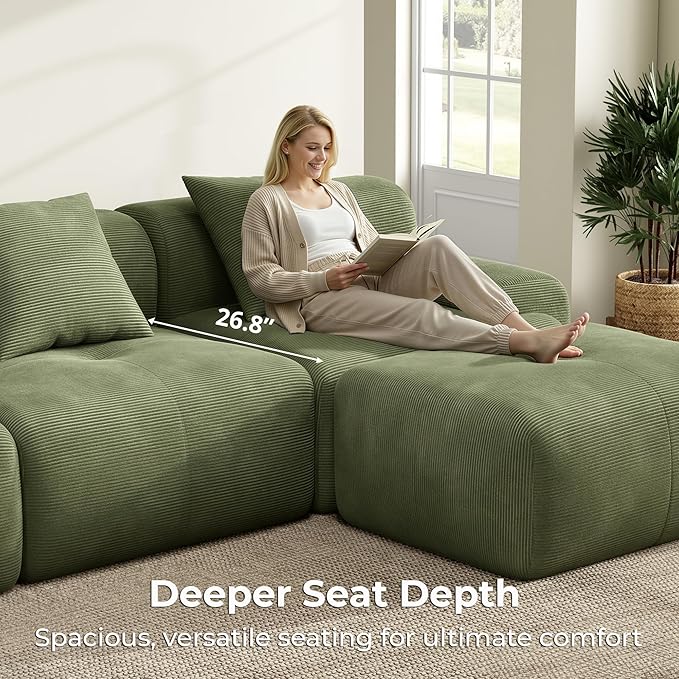 LIKIMIO LumiCord Modular Sectional Sofa with Ottoman, 118" L-Shaped Boneless Couch for Living Room, Oversized Deep Seat with Corduroy Upholstery, No Assembly Required, Olive Green