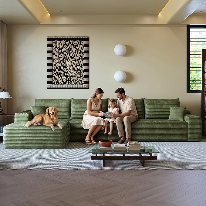 136" Sectional Couches for Living Room Cloud Couch Sofa with L-Shape Upholstered Boneless Couchs Modern Modular Sectional Couch with Chaise (Green, 136" Left Facing Chaise+3Seaters)