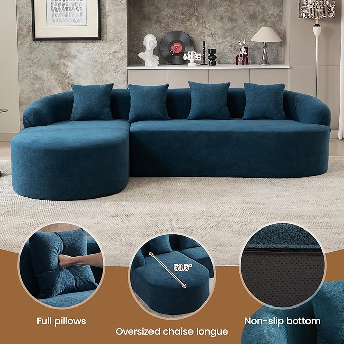 Boneless L Shaped Sofa Couch, Oversized Sectional Curved Cloud Sofa with Chaise Lounge, Chenille 4 Seats Deep Seat Couches for Living Room, No Assembly, Blue