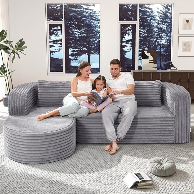 Hobestluk 96" Cloud Sectional Couch Modern Boneless Couch 3 Seater with Oversized Chaise L Shaped Modular Sofa for Living Room Apartment No Assembly Required (Stripe Lightgrey,Left Facing Chaise)