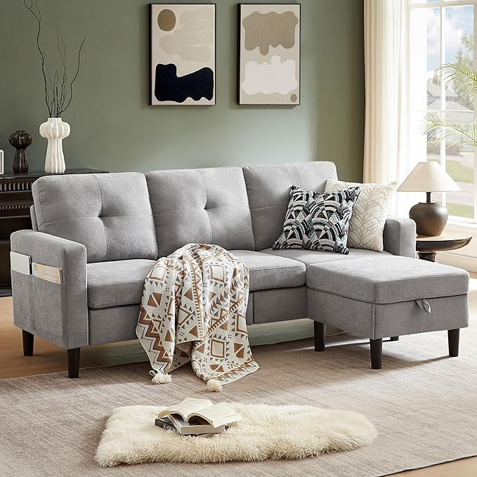79" Convertible Sectional Sofa, Small L Shaped 3 Seat Couch with Storage Chaise and Side Pocket, Modern Linen Fabric Reversible Sofa Couches for Living Room, Apartment and Small Space