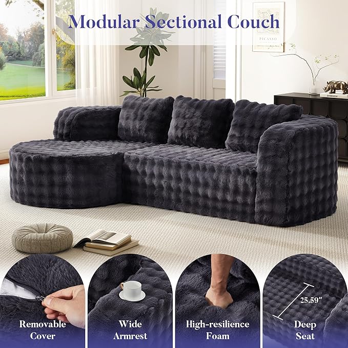 Hobestluk 96" Cloud Sectional Couch Modern Boneless Couch 3 Seater with Oversized Chaise L Shaped Modular Sofa Couches for Living Room Apartment No Assembly Required (Bubble Grey, Left Facing Chaise)