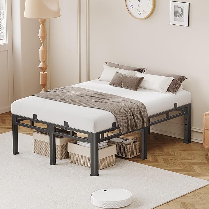 Bed Frame Queen Size 24 Inch Tall, Double Layer Heavy Duty Metal Platform 4000 lbs Capacity, Bed Frames with Headboard Holes，Round Corner Legs, Mattress Slide Stopper, Easy Assembly