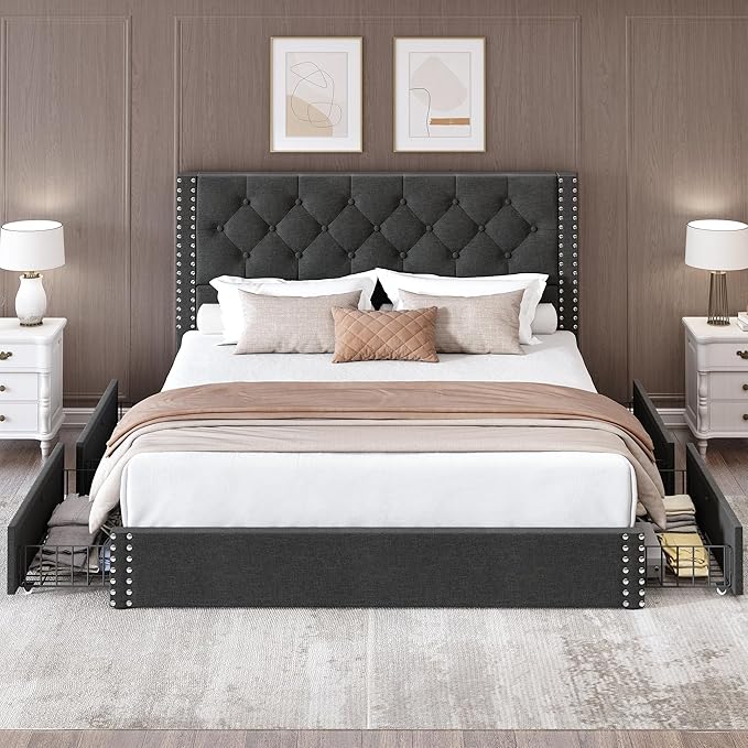 LARMACE Full Size Bed Frame Upholstered Platform Bed with 4 Storage Drawers and Tufted Headboard Linen Bed Frame with Heavy Duty Wood Slats, No Box Spring Needed, Easy Assembly, Dark Grey