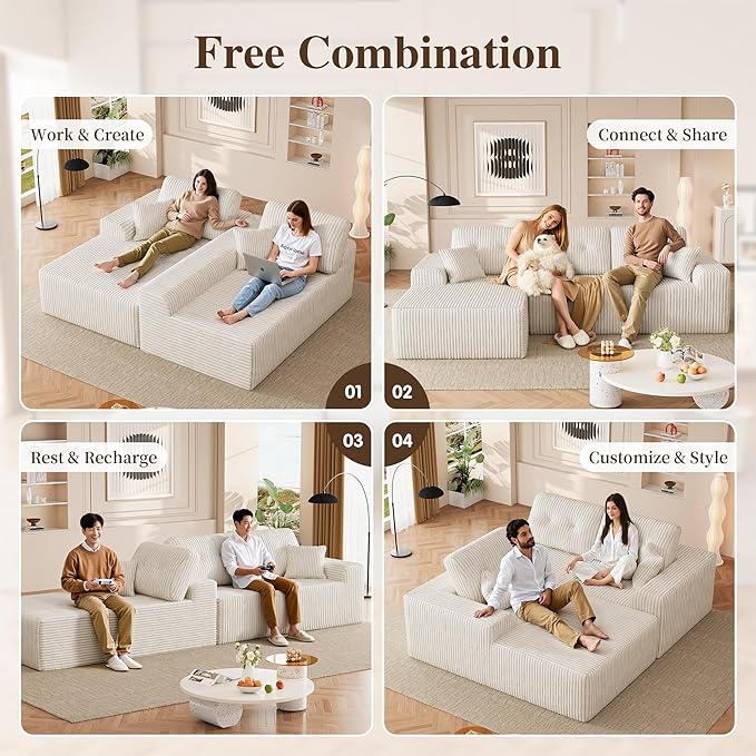 Ball & Cast 106" Boneless Sectional Sofa, Corduroy Modular L Shaped Couch with Deep Seat Chaise, Cloud Style Oversized Sectional Couch for Living Room, No Assembly, Left Facing, Beige