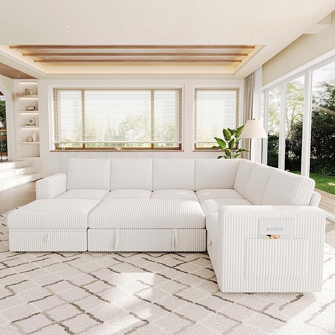 106.7" Sectional Sleeper Sofa with Pull Out Couch, Modern 7 Seat U Shaped Modular Couch, Sectionals Modular Sofa with Storage, Comfy Corduroy Couches Sectional for Living Room & Apartment, Beige
