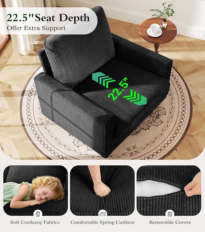 Kidirect 35.5in Corduroy Couch Accent Chair, Tool-Free Setup Living Room Sofa Accent Chairs, Reading Chair for Bedroom 22.5in Extra Deep Seats, Comfy Arm Chairs for Office, All-Wood Reading Nook Black