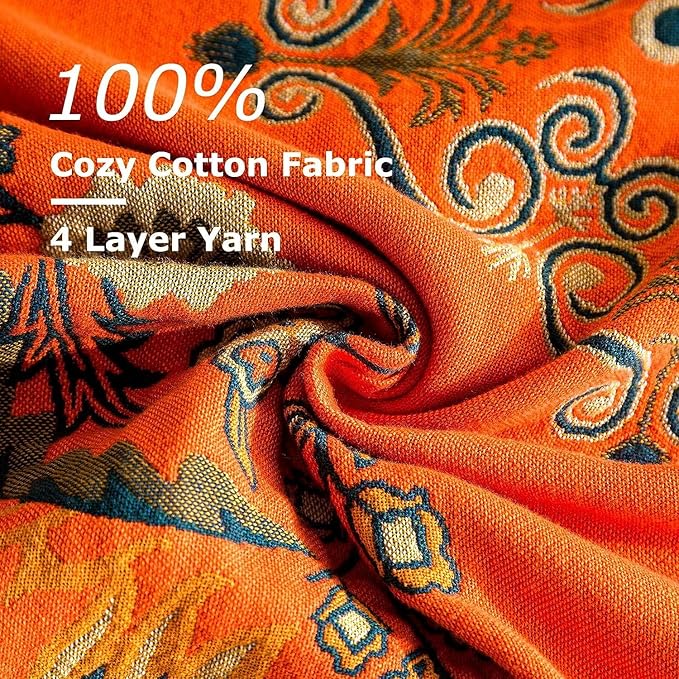 Boho Throw Blanket for Bed 100% Cotton Soft Lightweight Quilt Floral Embroidery Home Decor Spring Breathable Orange Bed Blankets,90"x98" All Season Reversible Blankets for Sofa Couch Chair