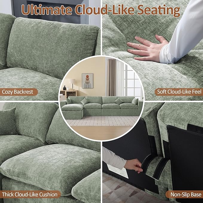 146''Cloud Boneless Sectional Couch, Modular Sectional Sofa Deep Seat with Ottoman, Oversized Upholstered Convertible Comfy 5 Seater Chenille Sofa L Shape Couches for Living Room, Green