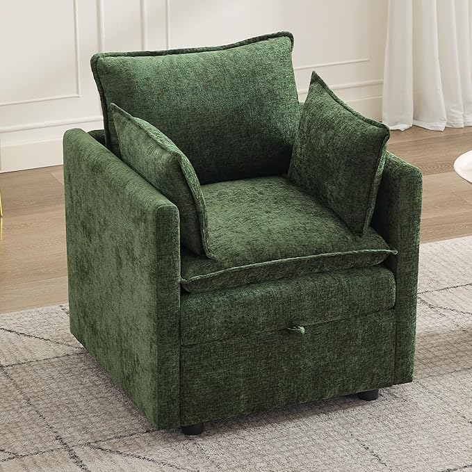 30" Cloud Modular Single Sofa Chair with Storage, Modern Upholstered Accent Chair Deep Seat, Chenille Reading Lounge Armchair for Living Room, Bedroom, Small Space, Green